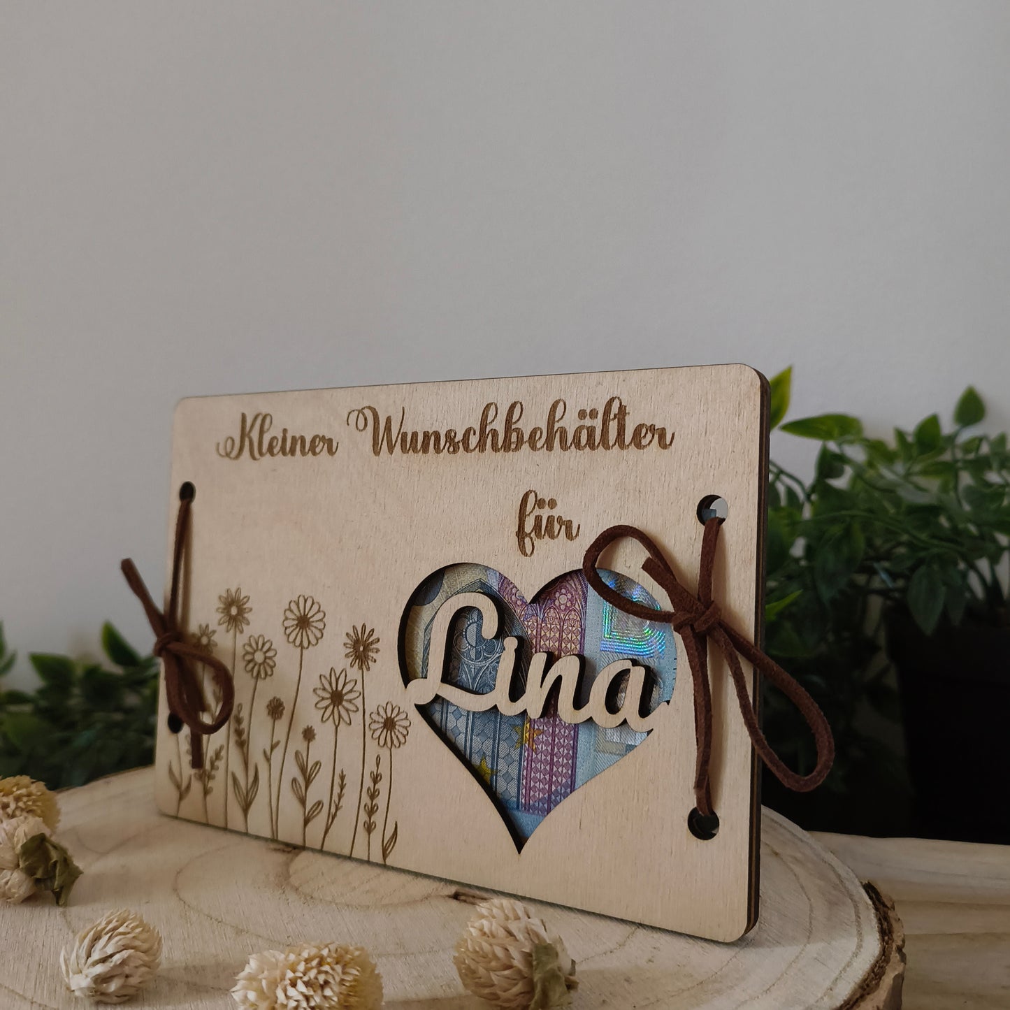 Personalisierbares Geldgeschenk aus Holz – Kleiner Wunschbehälter mit Name