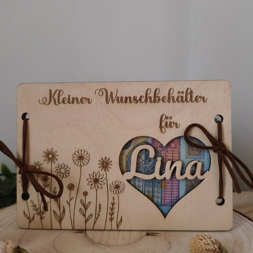 Personalisierbares Geldgeschenk aus Holz – Kleiner Wunschbehälter mit Name