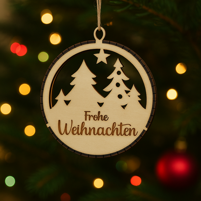 Personalisiertes Holz-Weihnachtsornament – „Frohe Weihnachten“ | Lasergravierte Baumkugel aus Holz