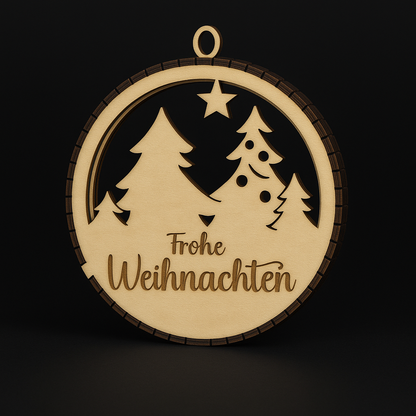 Personalisiertes Holz-Weihnachtsornament – „Frohe Weihnachten“ | Lasergravierte Baumkugel aus Holz