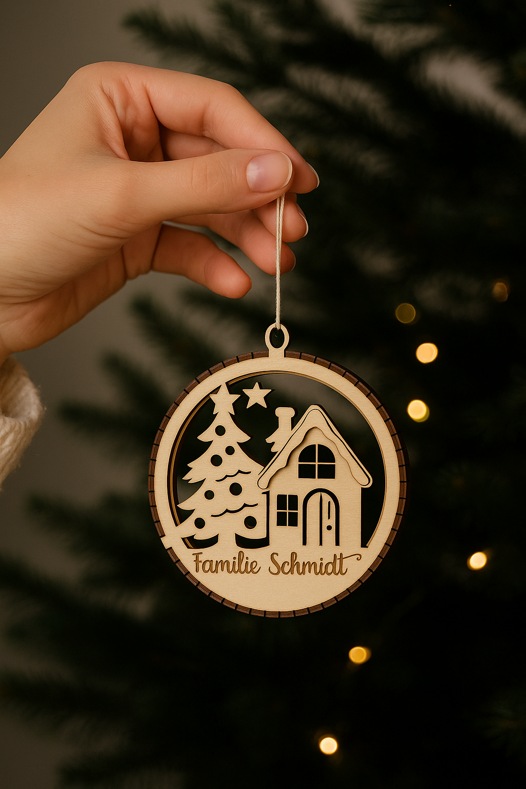 Personalisiertes Holz-Weihnachtsornament – „Frohe Weihnachten“ | Lasergravierte Baumkugel aus Holz