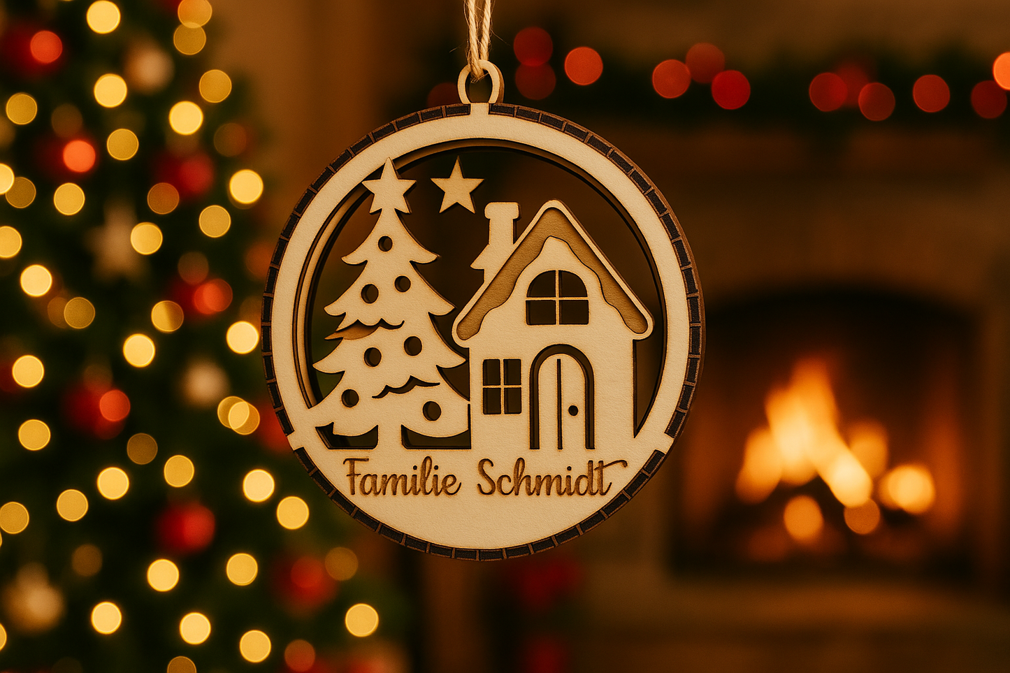 Personalisiertes Holz-Weihnachtsornament – „Frohe Weihnachten“ | Lasergravierte Baumkugel aus Holz