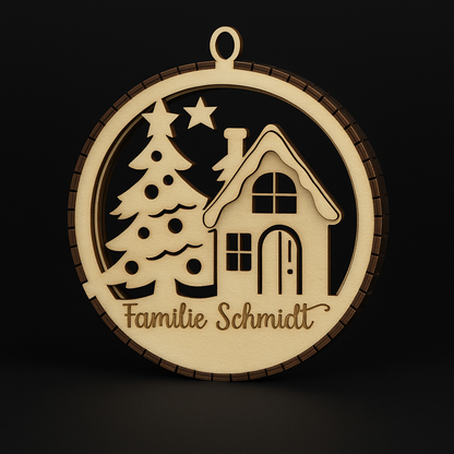 Personalisiertes Holz-Weihnachtsornament – „Frohe Weihnachten“ | Lasergravierte Baumkugel aus Holz