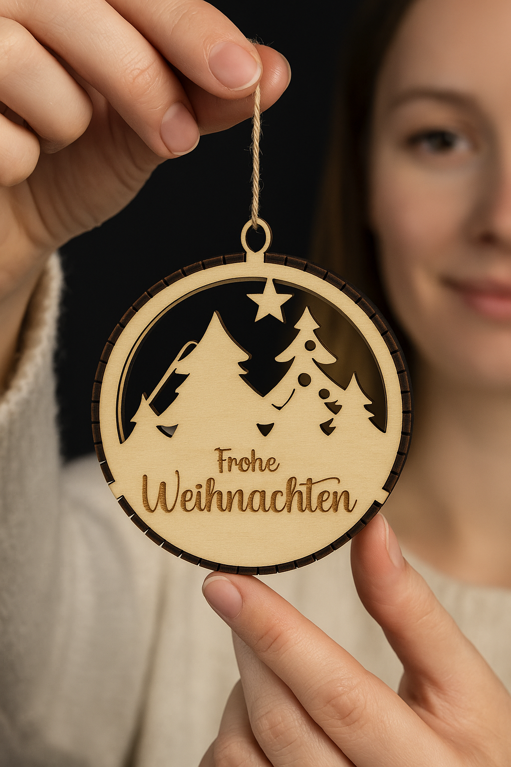 Personalisiertes Holz-Weihnachtsornament – „Frohe Weihnachten“ | Lasergravierte Baumkugel aus Holz