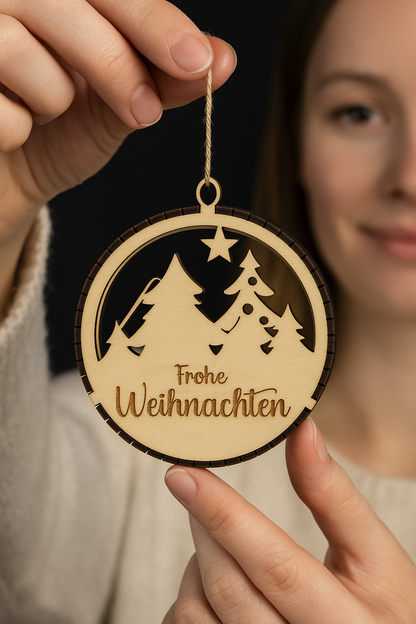 Personalisiertes Holz-Weihnachtsornament – „Frohe Weihnachten“ | Lasergravierte Baumkugel aus Holz