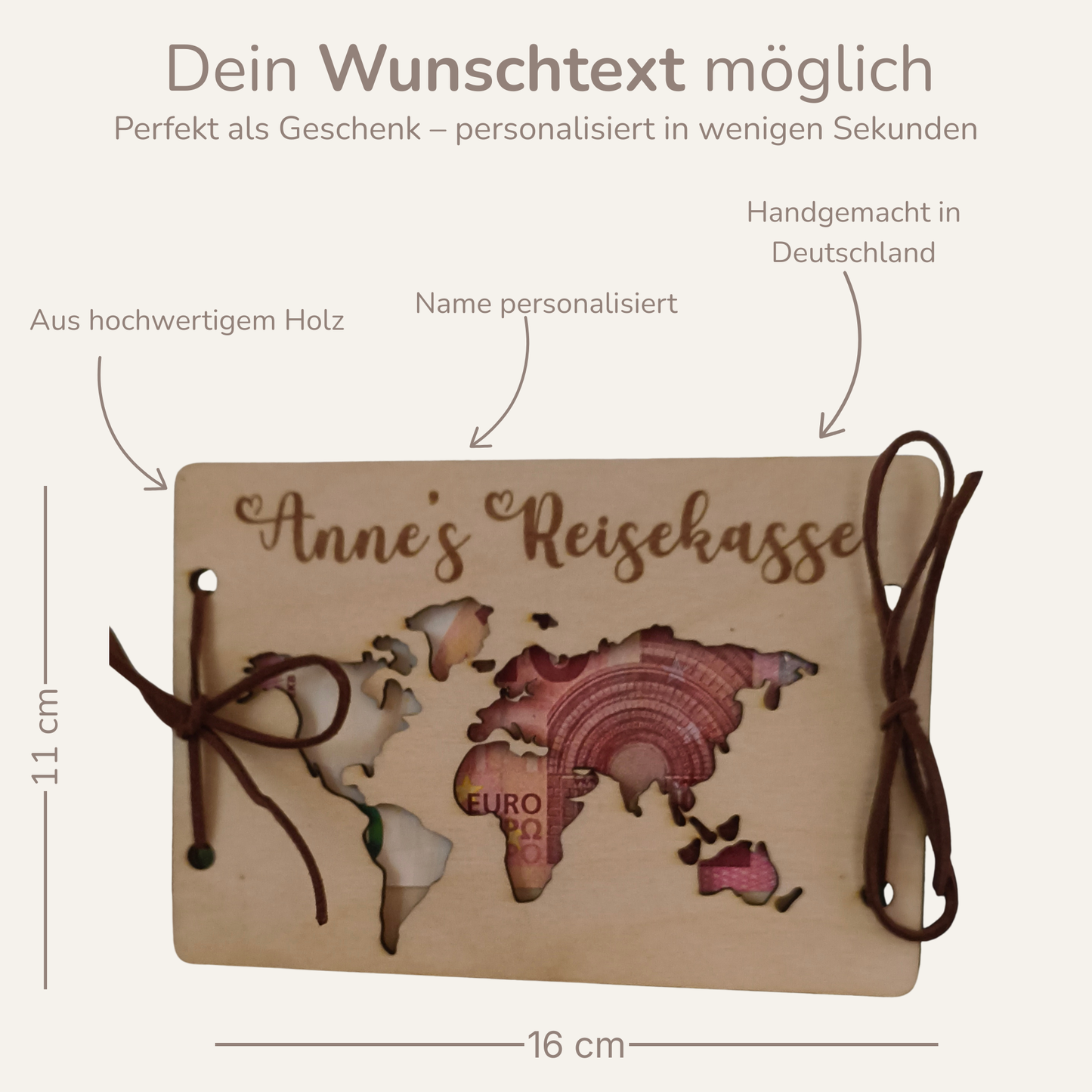 Personalisierte Reisekasse aus Holz – Geldgeschenk mit Weltkarte & Name