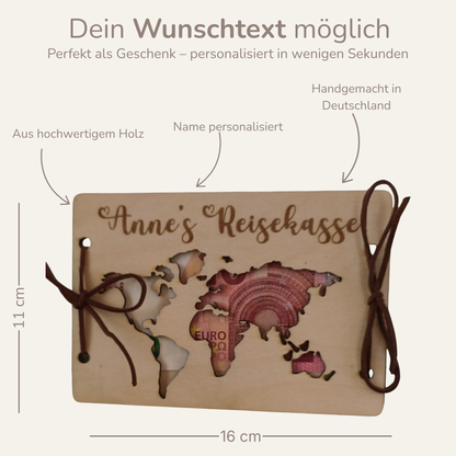 Personalisierte Reisekasse aus Holz – Geldgeschenk mit Weltkarte & Name